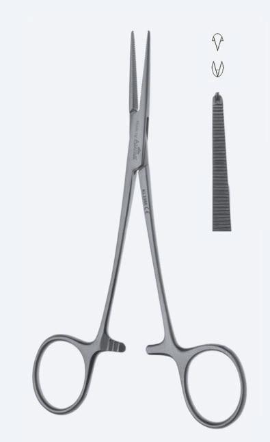 Зажими гемостатичні Baby-Crile, делікатні, прямі, зубчаті щелепи, зубці 2 х 1, з кремальєрою, довжина 140 мм. Бренд - Asanus Medizintechnik Gmb, Німеччина